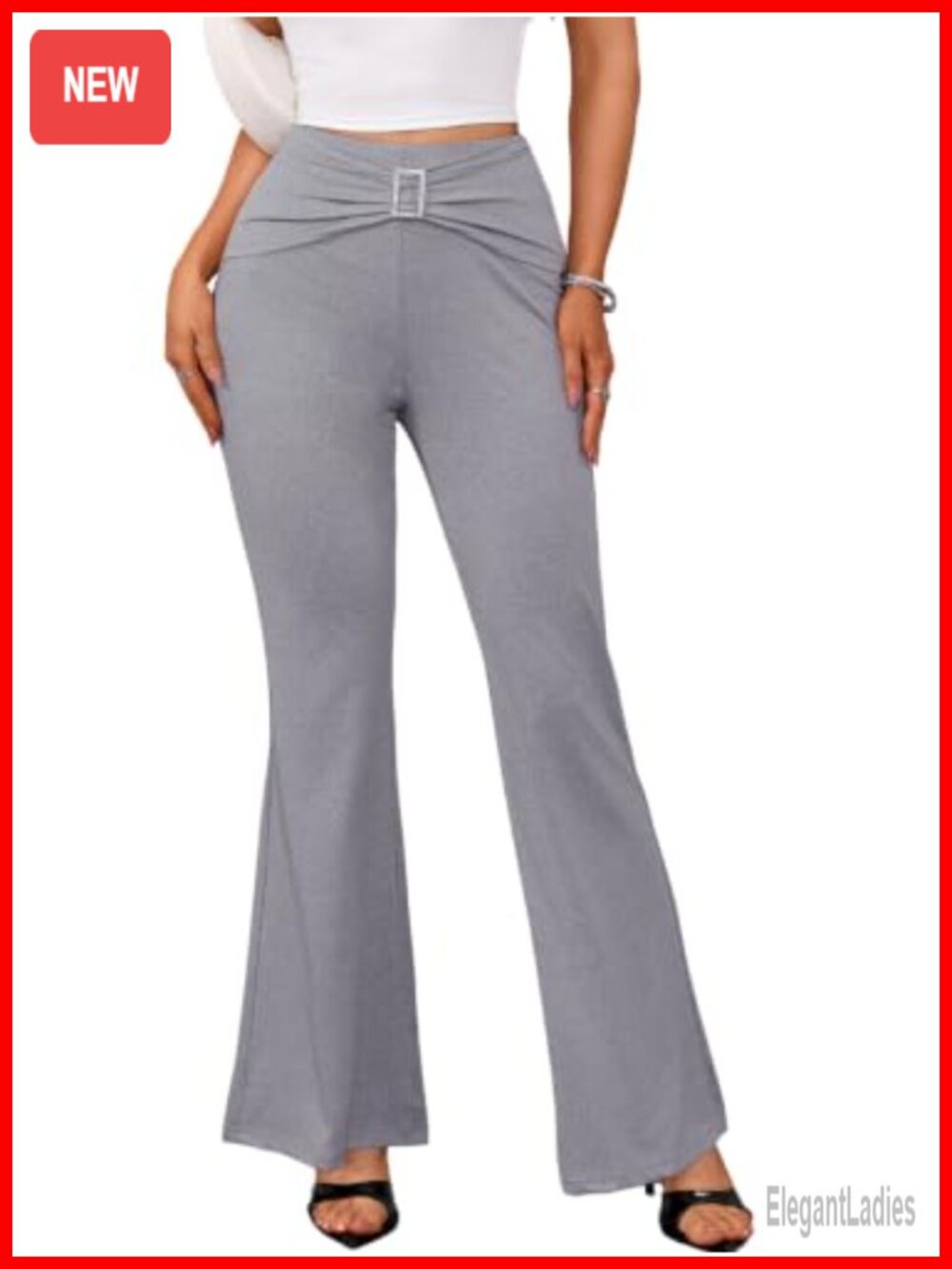 High Waisted Flare Pants Rhinestone Buckle Ruched Twist Pull On